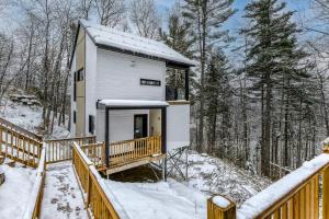 a tiny house in the woods in the snow at NatureX Spa River Dogfriendly in Sainte Béatrix