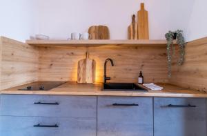 a kitchen with a sink and a wooden wall at Innenhof-Quartier in Meerane