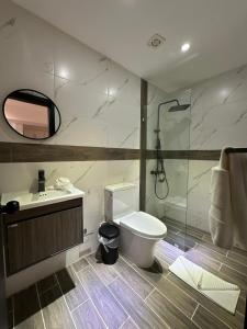 a bathroom with a shower and a toilet and a sink at Arena Aparta Hotel in Punta Cana +43 photos