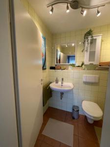 a bathroom with a sink and a toilet and a mirror at Gemütliches Appartement Köln in Cologne +5 photos