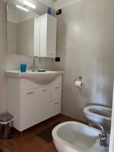 a bathroom with a sink and a toilet and a mirror at MUSEO GAR-Hotel in Certosa di Pavia