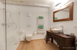 a bathroom with a sink and a toilet and a mirror at Le Jardin de Kabir in Martigny-Ville +20 photos