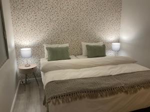 a bedroom with a bed with two lamps on it at The Tarp at Whale Cove in De Kelders