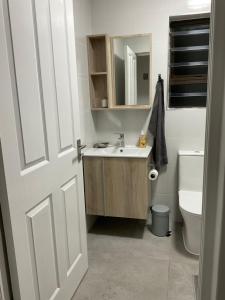 a bathroom with a sink and a toilet and a door at The Tarp at Whale Cove in De Kelders +17 photos