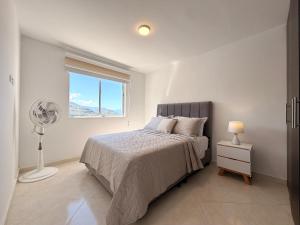 a bedroom with a bed with a fan and a window at Espacio cómodo, piscina, jacuzzi y parqueadero in San Gil +20 photos