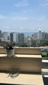 a plant sitting on a window sill with a view of a city at Inca inn apartments in Lima