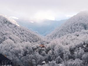 a snow covered valley with a house in the middle at STD Cvetković in Crni Vrh