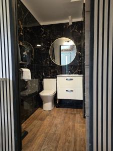 a bathroom with a white toilet and a mirror at la cabane de la régalante in Rannée