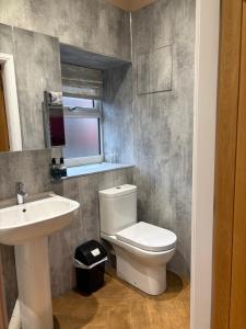 a bathroom with a white toilet and a sink at The Cow 'ouse, Wolds Way Holiday Cottages, 1 bed cottage in Little Weighton