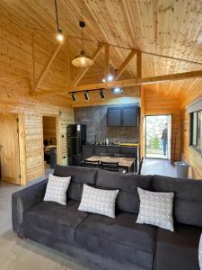 ein Wohnzimmer mit Sofa und eine Küche in der Unterkunft Cherry farm in Adschlun