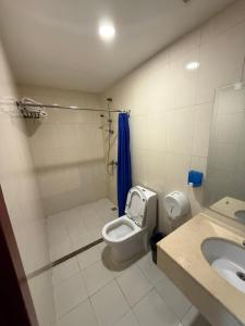 a bathroom with a toilet and a sink at Zolotoi Drakon Hotel in Almaty +68 photos