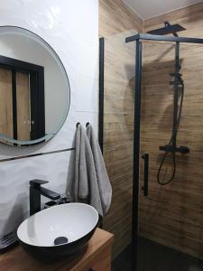 a bathroom with a sink and a mirror at Wakacyjna Pokusa in Kroczyce +63 photos