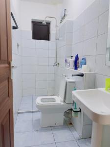 a white bathroom with a toilet and a sink at Diani Beach Modern Apartment in Diani Beach +9 photos