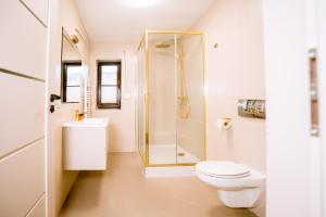 a white bathroom with a shower and a toilet at Aldian Pokoje Gościnne in Szczyrk +47 photos