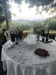 a table with wine bottles and glasses on it at B&b la bessolina in Ivrea