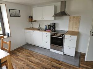 a kitchen with white cabinets and a stove top oven at Gästewohnung Rauw in Saint-Vith