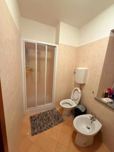 a bathroom with a shower and a toilet and a sink at Alpine View Varzo - Train Station in Varzo +34 photos
