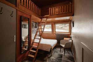 a bedroom with a bunk bed and a ladder at Hôtel Le P'tit Cham, au pied du Sancy in Le Mont-Dore