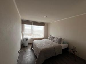 ein kleines Schlafzimmer mit einem Bett und einem Fenster in der Unterkunft Depto Parque Víctor lamas in Concepción + 14 Fotos