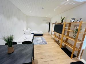 a room with a living room with a couch and a tv at Ferienwohnung Südtor 2 in Geisingen