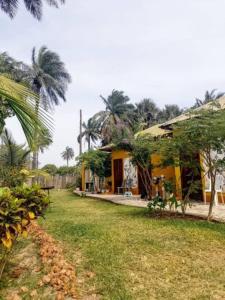 a yellow house with palm trees in front of it at palm nature lodge in Sanyang