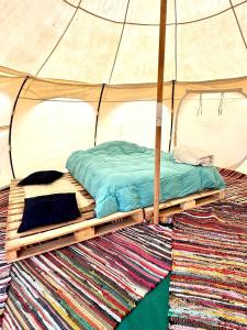 a bed under an umbrella in a tent at Olas de Chile Ecocamp in Pichilemu +28 photos