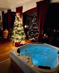 a hot tub in a living room with two christmas trees at BellaVista in Popoli