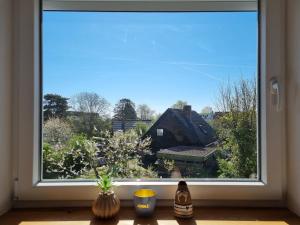 a large window with a view of a house at Rettiner Sandbank in Neustadt in Holstein