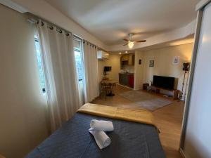 a room with a bed and a living room at Hotel Flat Biena Parque Ibirapuera 810 incluso estacionamento in São Paulo