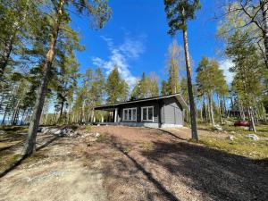 a small house in the middle of a forest at Lakeside Cottages in Rastinniemi