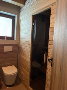 a bathroom with a toilet and a window at Chata v Oščadnici - Slniečko in Čadca +7 photos