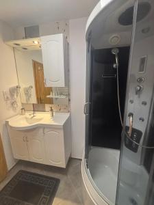a bathroom with a shower and a sink and a mirror at Pokoje Gościnne U Niny - Szklarska Poręba in Szklarska Poręba