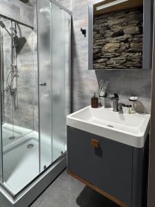 a bathroom with a sink and a shower at Firefly in Shatili