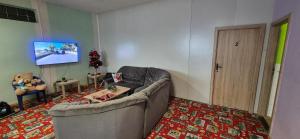 a living room with a couch and a tv at turistická ubytovňa LIENKA in Holíč