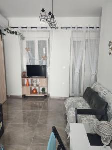 a living room with a couch and a tv at Το σπιτι στη Ρουγα in Glossa