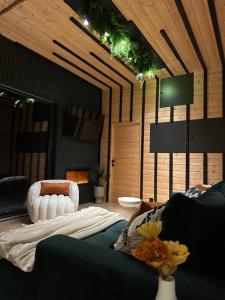 a living room with a couch and a chair at View Point Maguri in Măguri