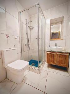 a bathroom with a shower and a toilet and a sink at Niki's House in Limassol +29 photos