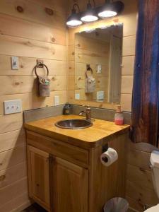 a bathroom with a sink and a mirror at Country Bumpkin Cabin in Banner Elk +29 photos