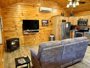 a living room with a couch and a television and a stove at Little Bear Cabin in Banner Elk