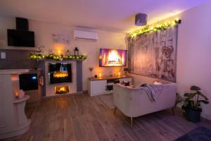 a living room with a couch and a fireplace at L' Antre de L' Ange in Trédarzec
