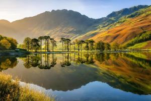 a lake with trees and mountains in the background at Dog Friendly Lakeland Apartment - Private Parking - Central Location in Cockermouth