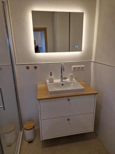 a bathroom with a sink and a mirror at Ferienwohnung Weitblick Wiese in Neusitz