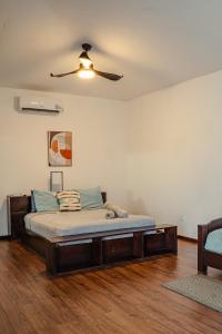 a bed in a room with a ceiling fan at Chango's Apartments in Bocas Town +121 photos