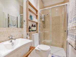 a bathroom with a toilet and a shower and a sink at The Beach Studio in Brighton & Hove +7 photos