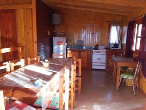 a kitchen with a refrigerator and a table in a cabin at Cabañas Soledad in Villa Giardino