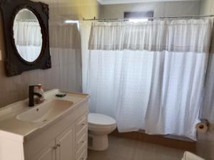 a bathroom with a sink and a toilet and a mirror at Regreso al Encanto in Puyehue +47 photos