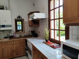 a kitchen with wooden cabinets and a counter top at Les colombages bis in Pazayac
