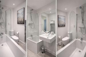 three pictures of a bathroom with a sink and a shower at Ebbsfleet Luxe in Swanscombe