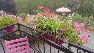 a pink bench with a garden of flowers and an umbrella at Chambres d'hôtes Chez nous in Nantheuil