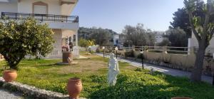 a yard with vases in the grass next to a house at ALONI G&A Archaggelos in Archangelos